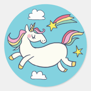 Sticker Rond Joli Doodle Anniversaire Rainbow Unicorn et étoile