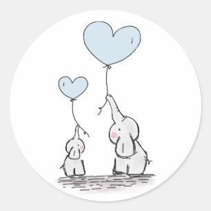 Sticker Rond Joli Eléphant Bleu Coeur Ballons Baby shower garço