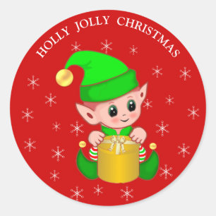Sticker Rond Joli elfe de Noël et flocons de neige sur fond rou