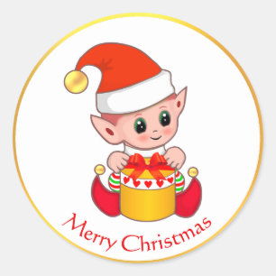 Sticker Rond Joli elfe de Noël sur fond doré et blanc