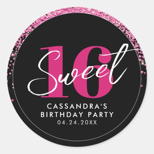 Sticker Rond Joli en Parties scintillant rose Glam Sweet sixtee (Devant)