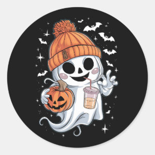 Sticker Rond Joli Fantôme Buvant du Café Halloween Café Glacé
