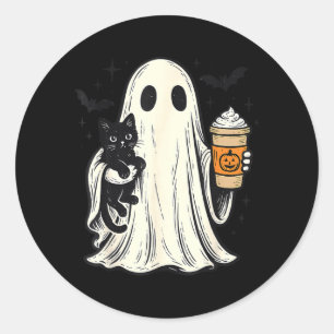 Sticker Rond Joli fantôme d'Halloween tenant un chat noir Café 