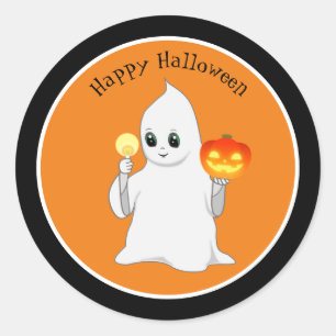 Sticker Rond Joli fantôme et citrouille d'Halloween sur fond or