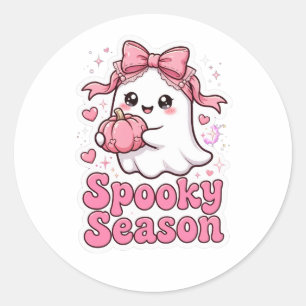 Sticker Rond Joli Fantôme Rose Citrouille Nœud