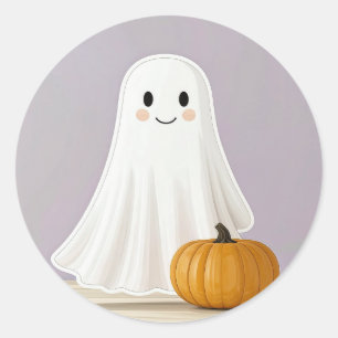 Sticker Rond Joli Fantôme Souriant avec Citrouille