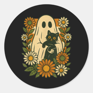 Sticker Rond Joli fantôme tenant un chat noir floral groovy drô