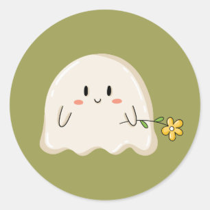 Sticker Rond Joli fantôme tenant une fleur jaune