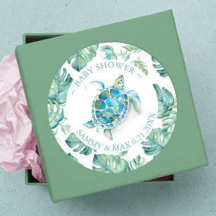 Sticker Rond Joli Favori Tortue de Mer et Verdure à l'aquarelle