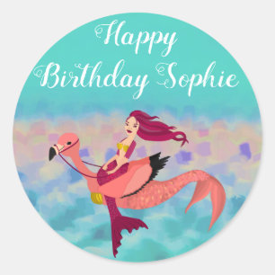 Sticker Rond Joli Flamant rose de sirène mauve joli anniversair
