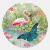 Sticker Rond Joli Flamant rose et enveloppes papillon (Devant)