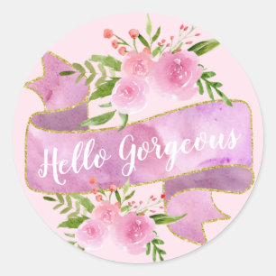Sticker Rond Joli Fleur Rose Pâle Bonjour Magnifique Or