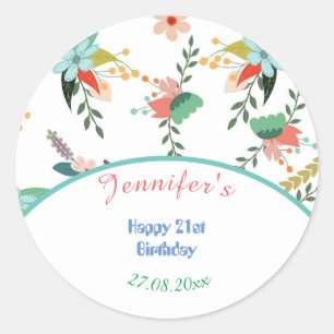 Sticker Rond Joli Floral coloré joyeux anniversaire 21e