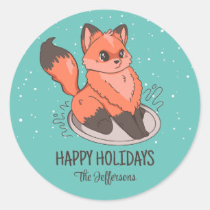 Sticker Rond Joli Fox Noël Animal Snowy Vacances d'hiver