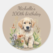 Sticker Rond Joli Golden Retriever Chiot 100e anniversaire (Devant)