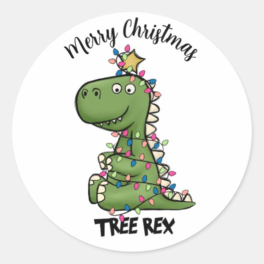 Sticker Rond Joli Green Tree Rex Dino Lumières Joyeux Noël (Devant)