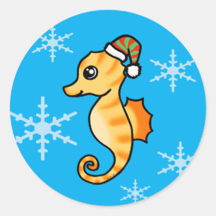 Sticker Rond Joli hippocampe de Noël flocon de neige férié