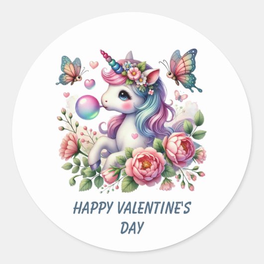 Sticker Rond Joli Joyeux Saint Valentin licorne (Devant)