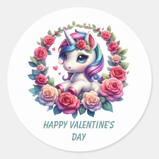 Sticker Rond Joli Joyeux Saint Valentin licorne (Devant)
