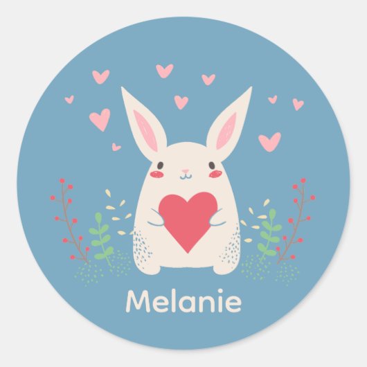 Sticker Rond Joli Lapin Blanc Avec Coeur Personnalisé (Devant)