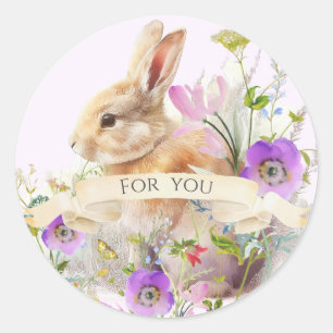 Sticker Rond Joli lapin de Pâques avec fleurs sauvages
