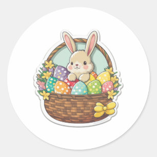 Sticker Rond Joli lapin de Pâques avec un panier Décoré Pâques