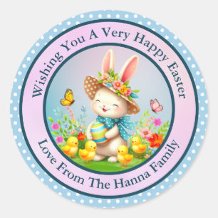 Sticker Rond Joli lapin de Pâques et joyeuses fleurs de printem