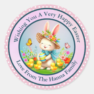 Sticker Rond Joli lapin de Pâques et joyeuses fleurs de printem