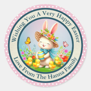 Sticker Rond Joli lapin de Pâques et joyeuses fleurs de printem