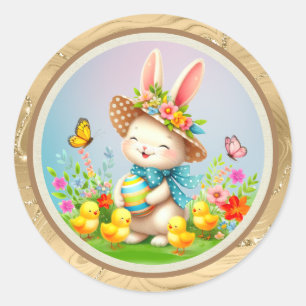 Sticker Rond Joli lapin de Pâques et joyeuses fleurs de printem