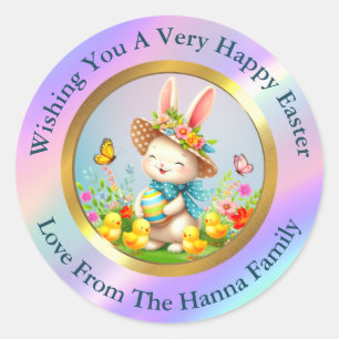 Sticker Rond Joli lapin de Pâques et joyeuses fleurs de printem