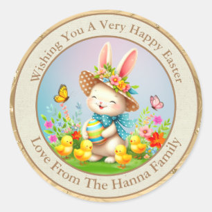 Sticker Rond Joli lapin de Pâques et joyeuses fleurs de printem