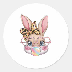 Sticker Rond Joli lapin Lapin Face Leopard Bow Girls Happy Eas