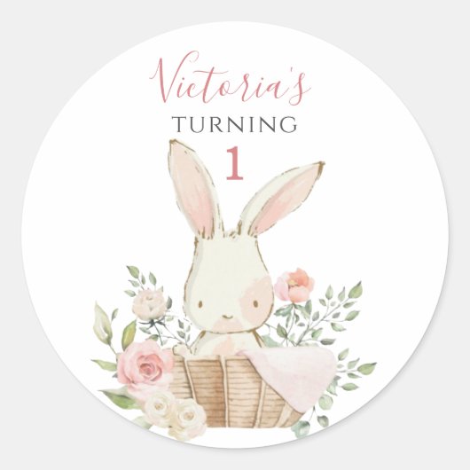 Sticker Rond Joli Lapin Rose 1 Un Anniversaire (Devant)