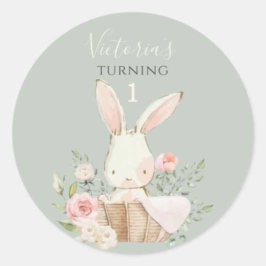 Sticker Rond Joli Lapin Rose 1 Un Anniversaire Vert (Devant)