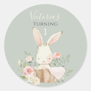 Sticker Rond Joli Lapin Rose 1 Un Anniversaire Vert