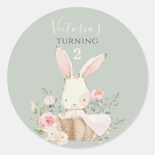 Sticker Rond Joli Lapin Rose 2 Deux Vert Anniversaire (Devant)