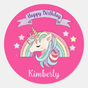Sticker Rond Joli licorne pastel et arc-en-ciel scintillant sur