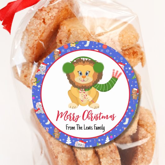 Sticker Rond Joli Lion Bébé Avec Zoo Joyeux Noël