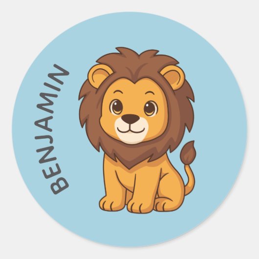 Sticker Rond Joli Lion de Dessin Animé Bleu Nom Personnalisé (Devant)