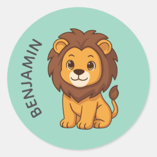 Sticker Rond Joli lion de dessin animé vert nom personnalisé