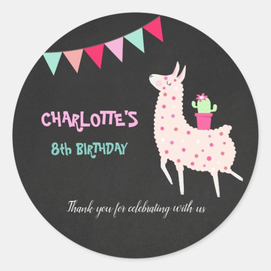 Sticker Rond joli llama anniversaire chalkboard fiesta alpaca (Devant)