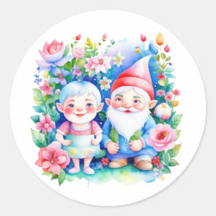 Sticker Rond Joli M. et Mme Garden Gnomes avec Fleurs