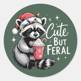 Sticker Rond Joli mais féroce Raton laveur de Noël Drôle d'anim