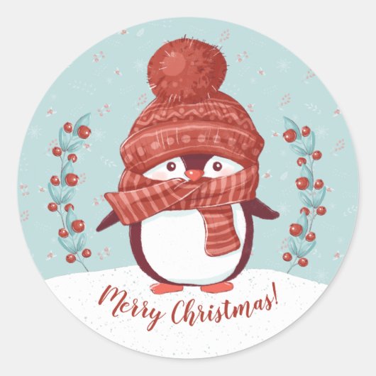 Sticker Rond Joli Manchot Joyeux Noël (Devant)