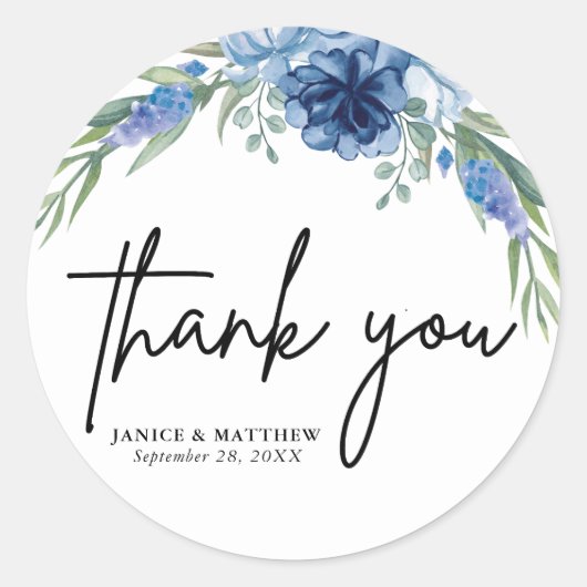 Sticker Rond Joli Mariage Floral Bleu Dusty (Devant)