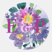 Sticker Rond Joli Monogramme bleu violet Mariage floral (Devant)