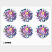 Sticker Rond Joli Monogramme bleu violet Mariage floral (Feuille)