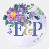 Sticker Rond Joli Monogramme violet bleu Mariage floral (Devant)