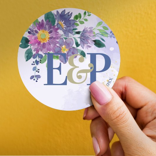 Sticker Rond Joli Monogramme violet bleu Mariage floral